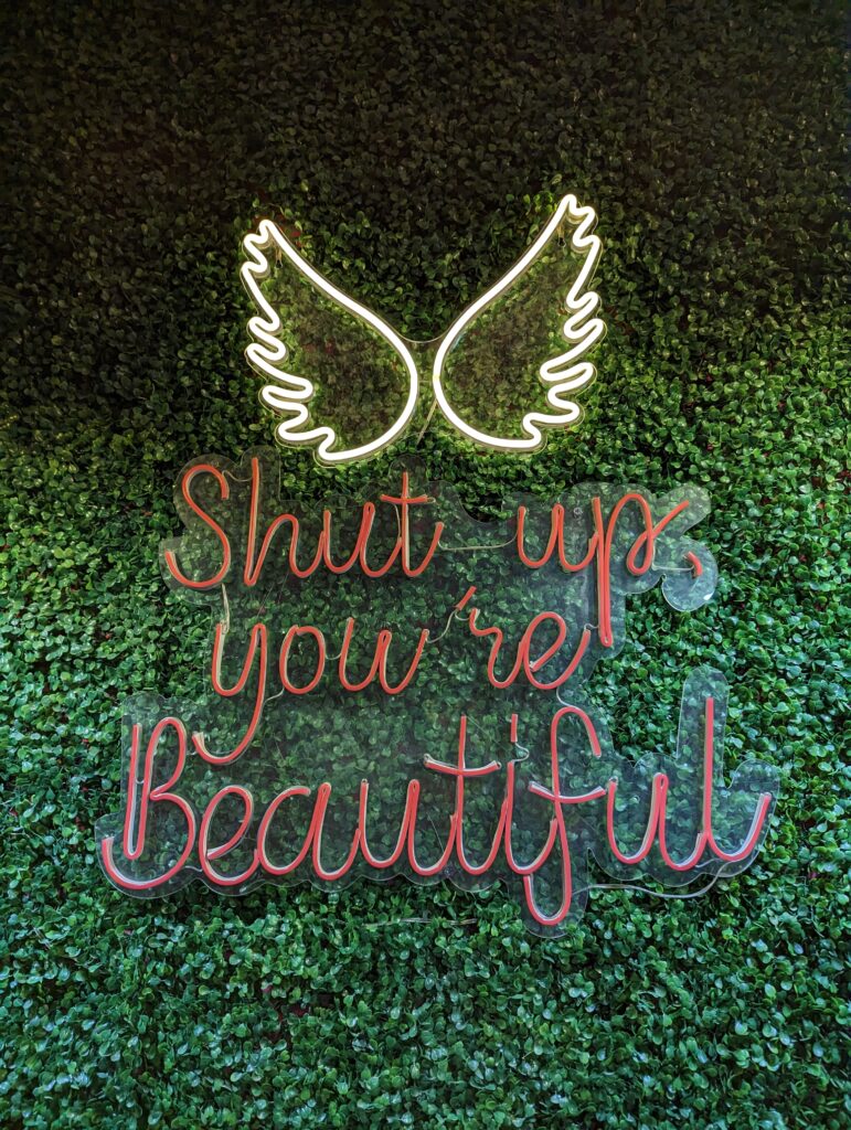 shut up youre beautiful neon sign with angel wings above quote